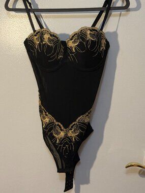 Curvi Black Bustier Bodysuit, Gold Embroidery, M